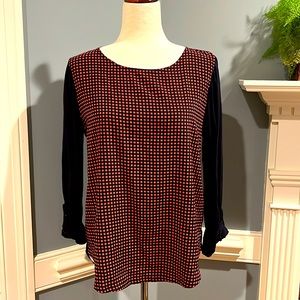 Ann Taylor Orange and navy silky mixed media top with roll up sleeves